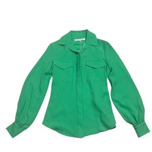 Trina Turk Bright Green Button-Front Pocket Blouse